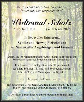 Traueranzeige von Waltraud Scholz von Südthüringer Presse