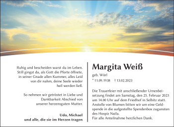 Traueranzeige von Margita Weiß von Frankenpost