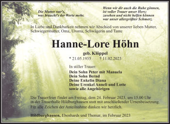 Traueranzeige von Hanne-Lore Höhn von Südthüringer Presse