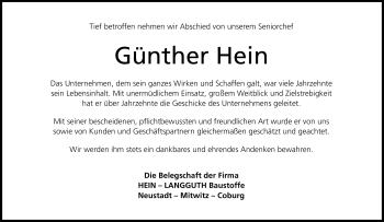 Traueranzeige von Günther Hein von Neue Presse Coburg
