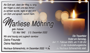 Traueranzeige von Marliese Möhring von Südthüringer Presse