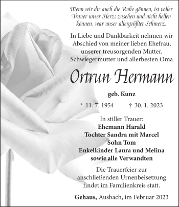 Traueranzeige von Ortrun Hermann von Südthüringer Presse