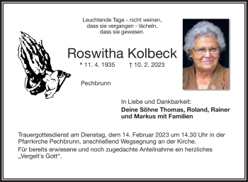 Traueranzeige von Roswitha Kolbeck von Frankenpost