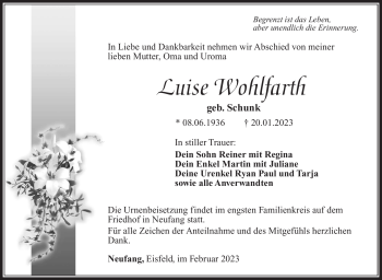 Traueranzeige von Luise Wohlfarth von Südthüringer Presse