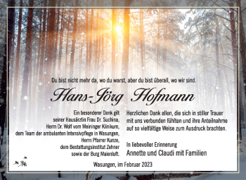 Traueranzeige von Hans-Jörg Hofmann von Südthüringer Presse