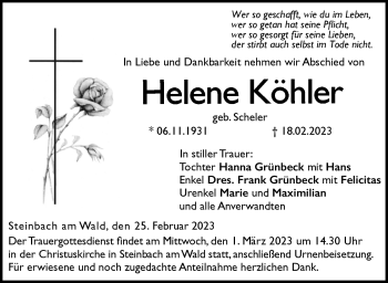 Traueranzeige von Helene Köhler von Neue Presse Coburg