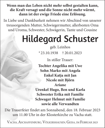 Traueranzeige von Hildegard Schuster von Südthüringer Presse