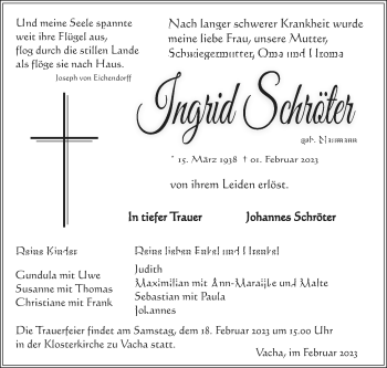 Traueranzeige von Ingrid Schröter von Südthüringer Presse