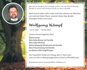 Traueranzeige von Wolfgang Kämpf von Südthüringer Presse