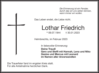 Traueranzeige von Lothar Friedrich von Frankenpost