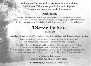 Traueranzeige von Dieter Urban von Südthüringer Presse