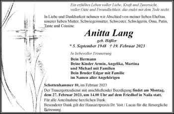Traueranzeige von Anitta Lang von Frankenpost