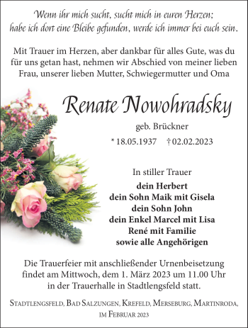 Traueranzeige von Renate Nowohradsky von Südthüringer Presse