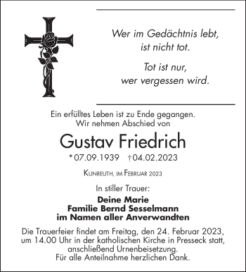 Traueranzeige von Gustav Friedrich von Frankenpost
