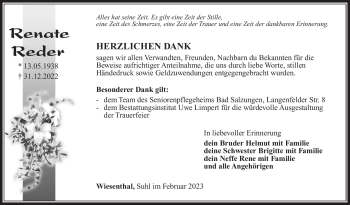 Traueranzeige von Renate Reder von Südthüringer Presse