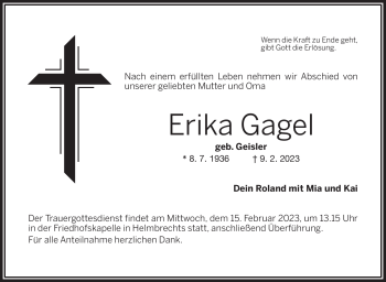 Traueranzeige von Erika Gagel von Frankenpost