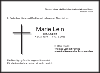 Traueranzeige von Marie Lein von Frankenpost