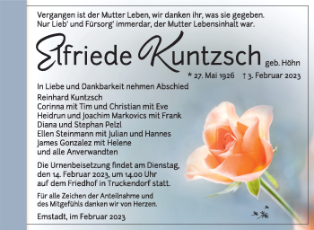 Traueranzeige von Elfriede Kuntzsch von Südthüringer Presse