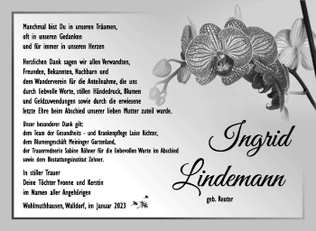 Traueranzeige von Ingrid LIndemann von Südthüringer Presse