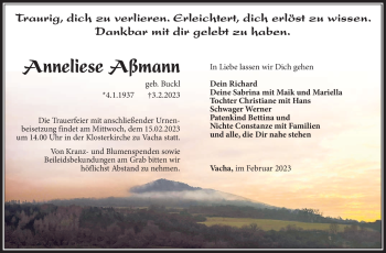 Traueranzeige von Anneliese Aßmann von Südthüringer Presse