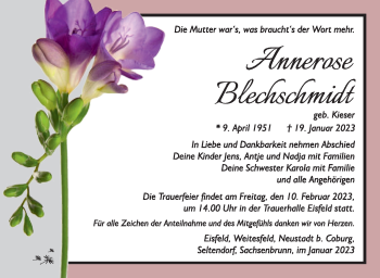 Traueranzeige von Annerose Blechschmidt von Südthüringer Presse