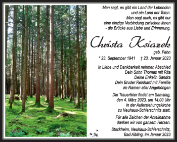 Traueranzeige von Christa Ksiazek von Südthüringer Presse