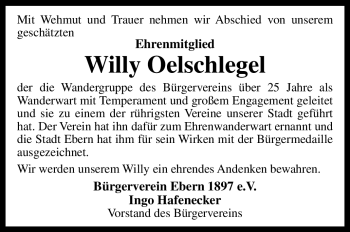 Traueranzeige von Willy Oelschlegel von Neue Presse Coburg