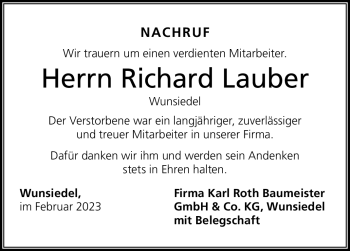 Traueranzeige von Richard Lauber von Frankenpost