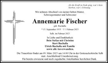 Traueranzeige von Annemarie Fischer von Frankenpost