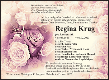 Traueranzeige von Regina Krug von Südthüringer Presse