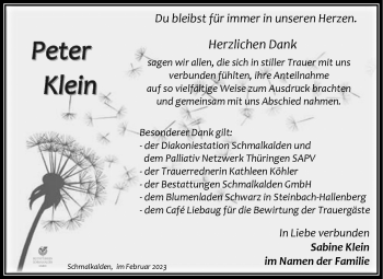 Traueranzeige von Peter Klein von Südthüringer Presse