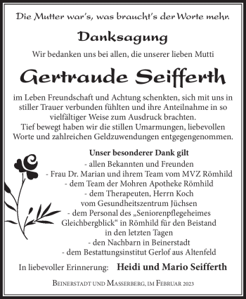 Traueranzeige von Gertraude Seifferth von Südthüringer Presse