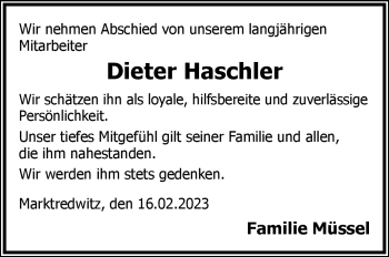 Traueranzeige von Dieter Haschler von Frankenpost