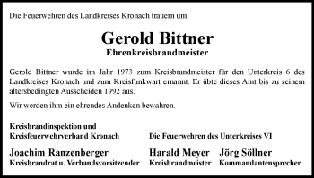 Traueranzeige von Gerold Bittner von Neue Presse Coburg