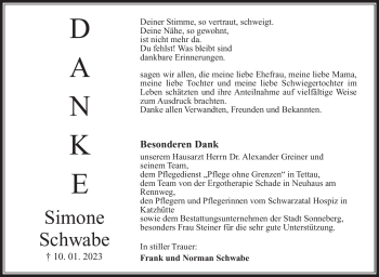 Traueranzeige von Simone Schwabe von Südthüringer Presse