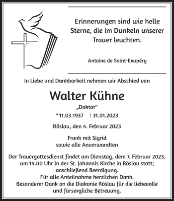 Traueranzeige von Walter Kühne von Frankenpost