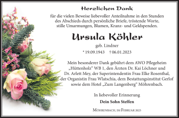 Traueranzeige von Ursula Köhler von Südthüringer Presse