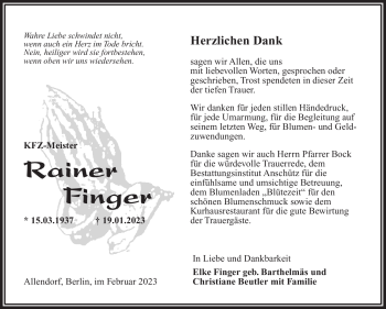Traueranzeige von Rainer Finger von Südthüringer Presse