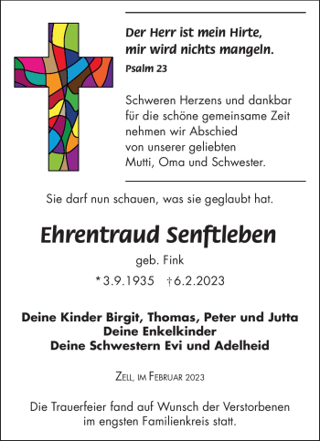 Traueranzeige von Ehrentraud Senftleben von Frankenpost