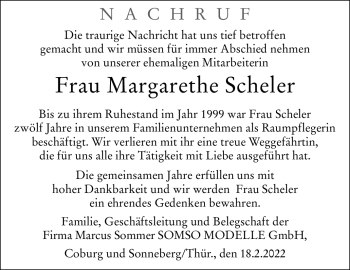 Traueranzeige von Margarethe Scheler von Neue Presse Coburg