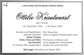 Traueranzeige von Ottilie Krautwurst von Südthüringer Presse