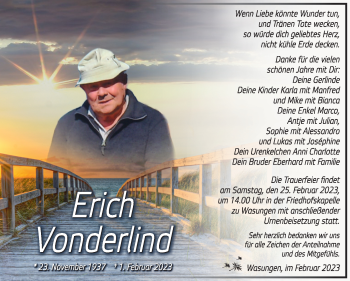 Traueranzeige von Erich Vonderlind von Südthüringer Presse