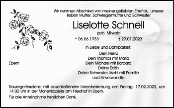 Traueranzeige von Liselotte Schnell von Neue Presse Coburg
