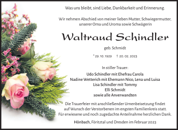 Traueranzeige von Waltraud Schindler von Südthüringer Presse