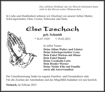 Traueranzeige von Else Tzschach von Südthüringer Presse