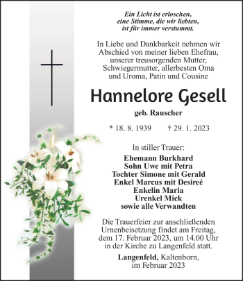 Traueranzeige von Hannelore Gesell von Südthüringer Presse