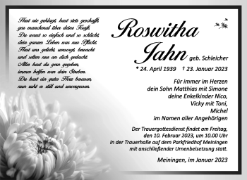 Traueranzeige von Roswitha Jahn von Südthüringer Presse