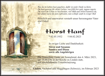 Traueranzeige von Horst Hanf von Südthüringer Presse