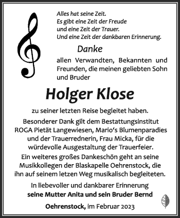 Traueranzeige von Holger Klose von Südthüringer Presse