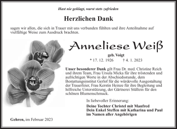 Traueranzeige von Anneliese Weiß von Südthüringer Presse